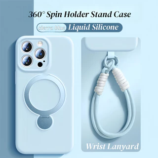 หรูหราแม่เหล็กซิลิโคน Lanyard เคสโทรศัพท์สําหรับ iPhone 16 15 14 13 Pro Max พร้อมสายรัดข้อมือ Spin Holder Stand Casing Soft Cover