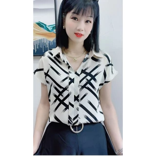 ชีฟองแขนสั้นผู้หญิงเสื้อด้านบนที่เรียบง่ายอเนกประสงค์หลวมคอวี