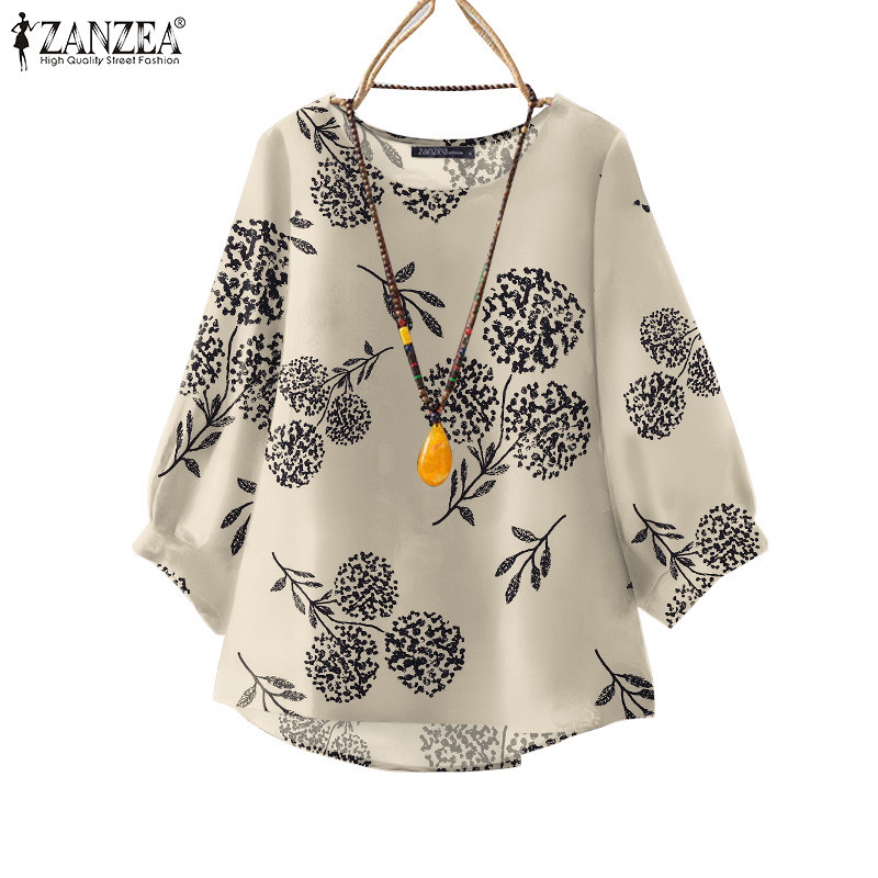 ZANZEA ใส่ ซานเซีย ผู้หญิงวินเทจวันหยุดสบายๆรอบคอหลวมพิมพ์เสื้อ — صورة 4