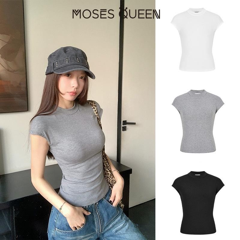 MOSESQUEEN  สหรัฐอเมริกาโบราณครึ่งคอสูงเสื้อยืดแขนเล็กๆในฤดูใบไม้ผลิเสื้อยืดใหม่