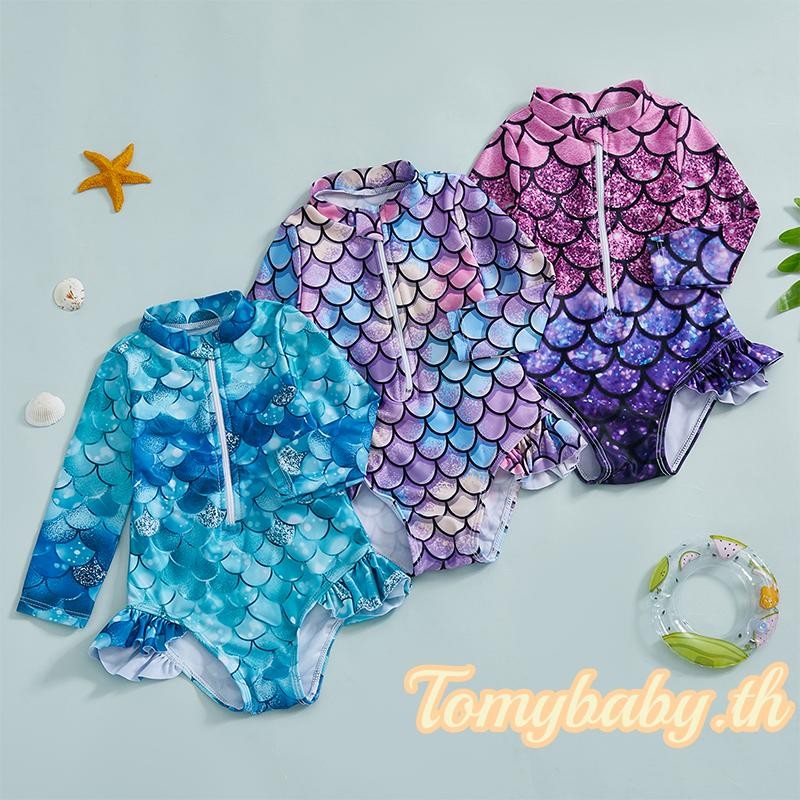 Tomybaby-toddler Girls ชุดว่ายน้ําปลาพิมพ์ซิปแขนยาว Mock คอ Ruffled Rash Guard ชุดว่ายน้ํา
