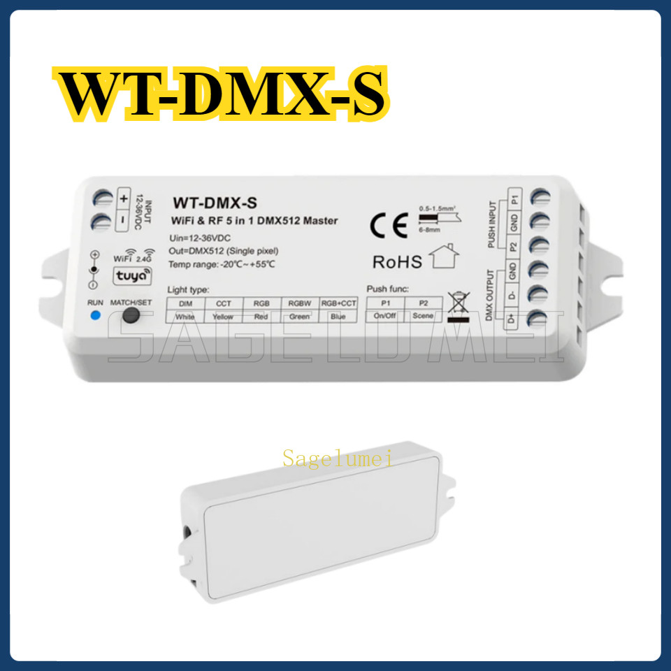 Wt-dmx-s WiFi & 2.4G RF 5 in 1 DMX512 Master Tuya APP Voice Controller สําหรับ RGB RGB + CCT อุณหภูม