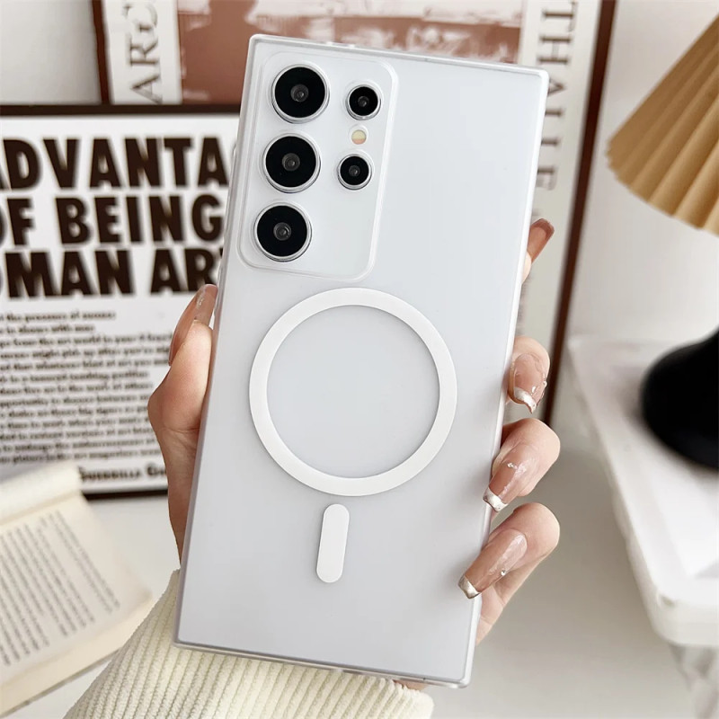 หรูหราบางบางแม่เหล็กไร้สาย ChargingTransparent เคสโทรศัพท์สําหรับ Samsung S24 S23 S22 Ultra Plus PC ผิวรู้สึกฮาร์ดกันกระแทก