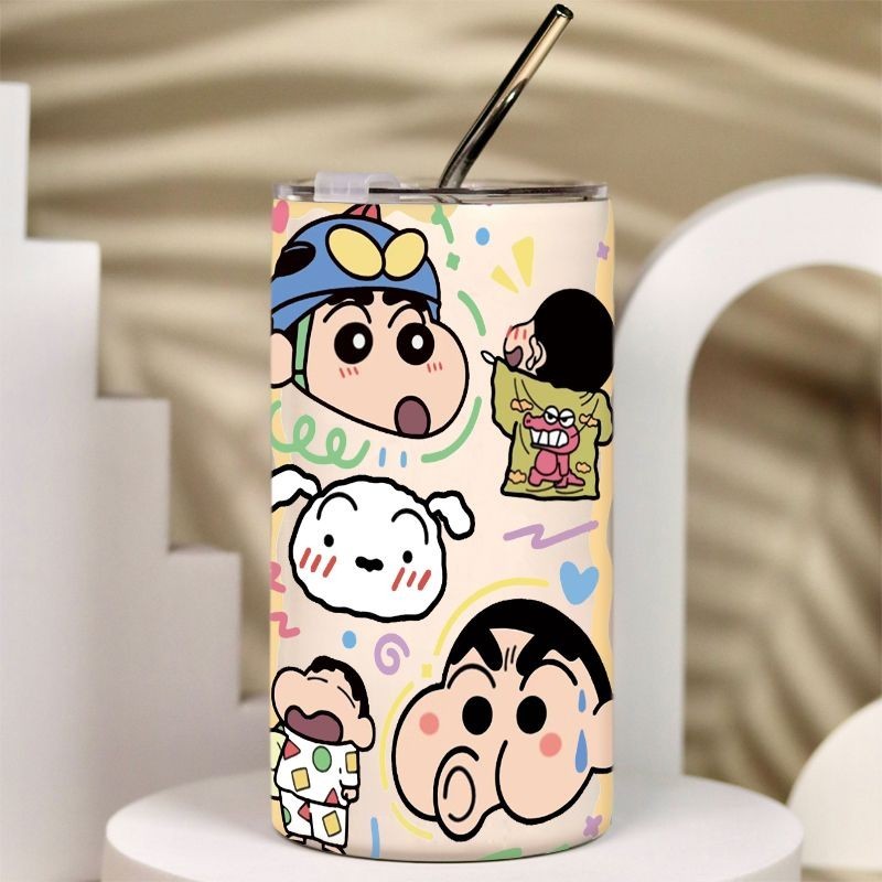 Niche ins แก้วกาแฟสเตนเลส พร้อมฝาปิด ลายการ์ตูนชินจัง มีหลอดดูด โลหะ ใช้คู่