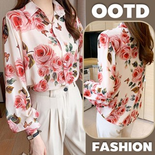 MIMI&DIDI.เสื้อเชิ้ตแขนยาว เสื้อลายดอก แขนโคมไฟพิมพ์ลายชีฟอง…