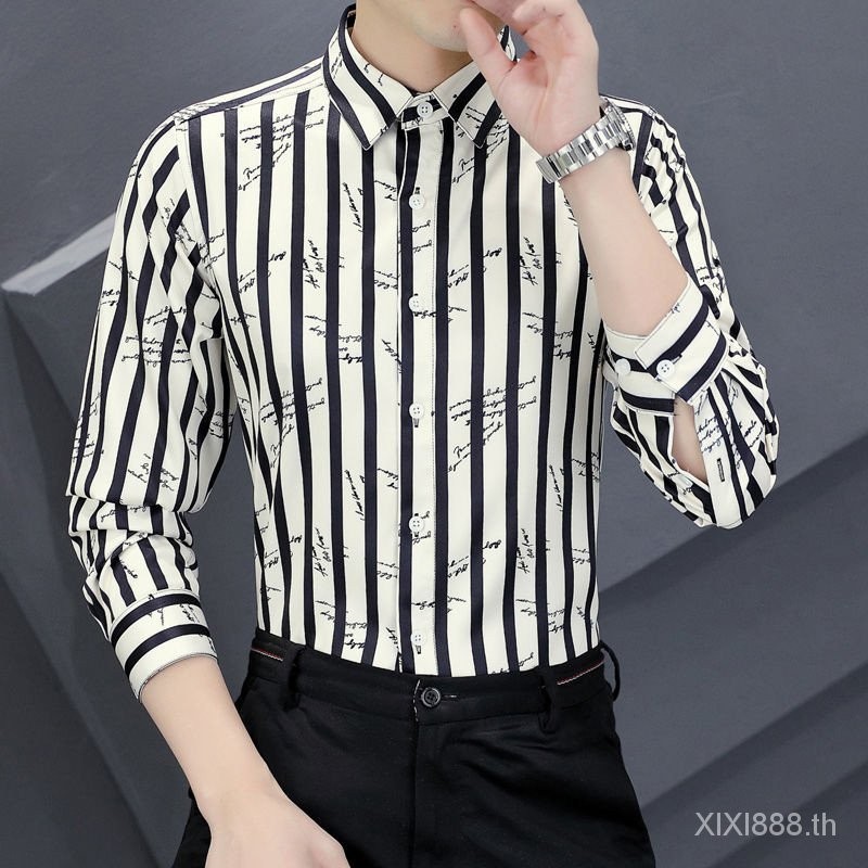 เสื้อเชิ้ตแขนยาว ลายทาง อินเทรนด์ฤดูใบไม้ผลิ และฤดูใบไม้ร่วง สําหรับผู้ชาย
