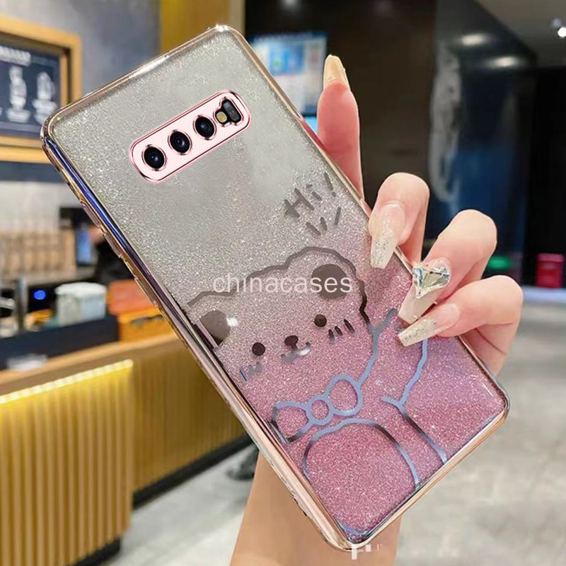 เคส Samsung S10 S10Plus S10+ โบว์ไล่ระดับ ประกาย สีชมพู หมีน่ารัก เคสโทรศัพท์