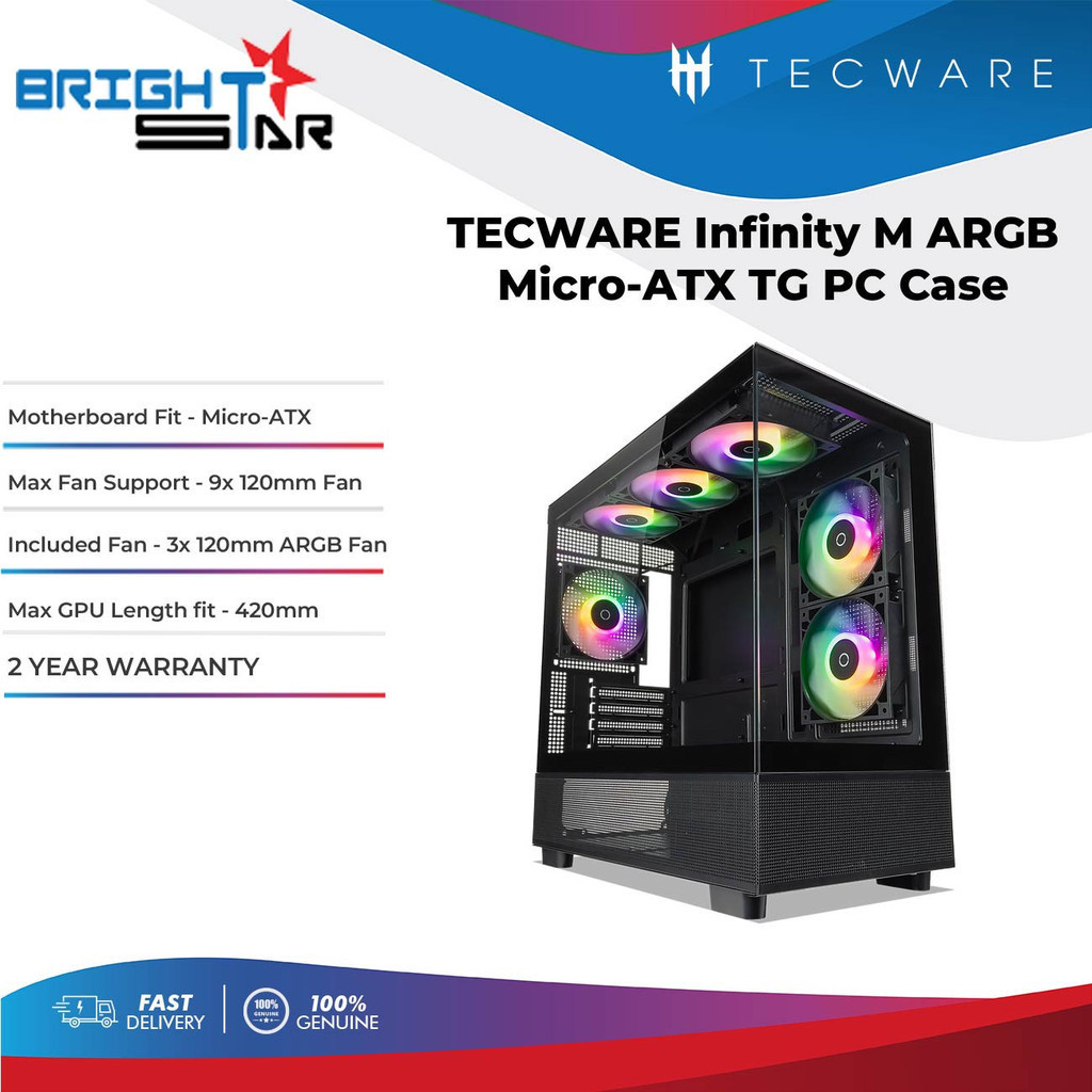 Tecware INFINITY M ARGB Micro-ATX TG เคสพีซี ARGB 3x พัดลม 120 มม. - สีดํา