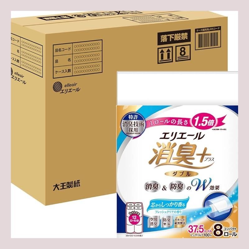 Elleair Toilet Paper Odor Plus (+) 1.5 times winding 37.5m×64 rolls (8 rolls×8 packs) Double Pulp 10
