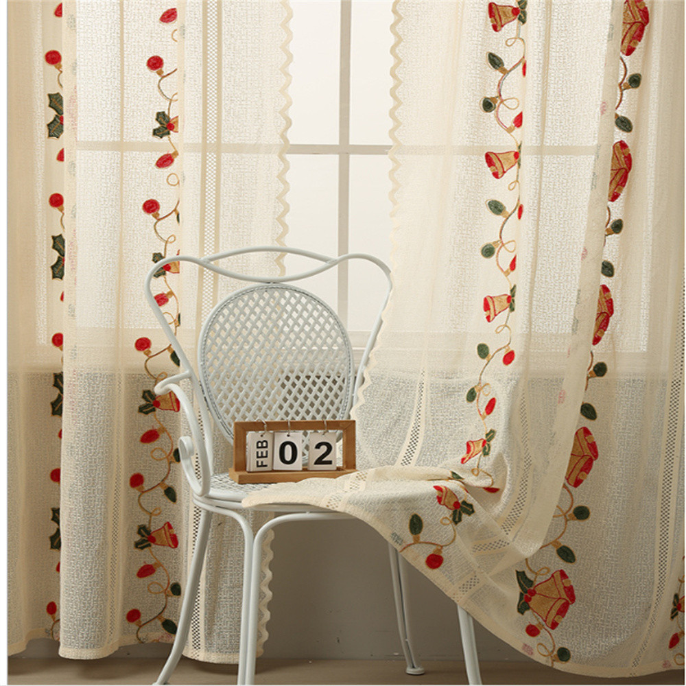 คริสต์มาส Farmhouse Sheer ผ้าม่านสําหรับห้องนั่งเล่น Voile ผ้าม่านผ้าฝ้ายผ้าลินิน Bell เย็บปักถักร้อยกรองประตูบานเลื่อน Bay ห้องครัวหน้าต่าง Treatment วันหยุด Decora