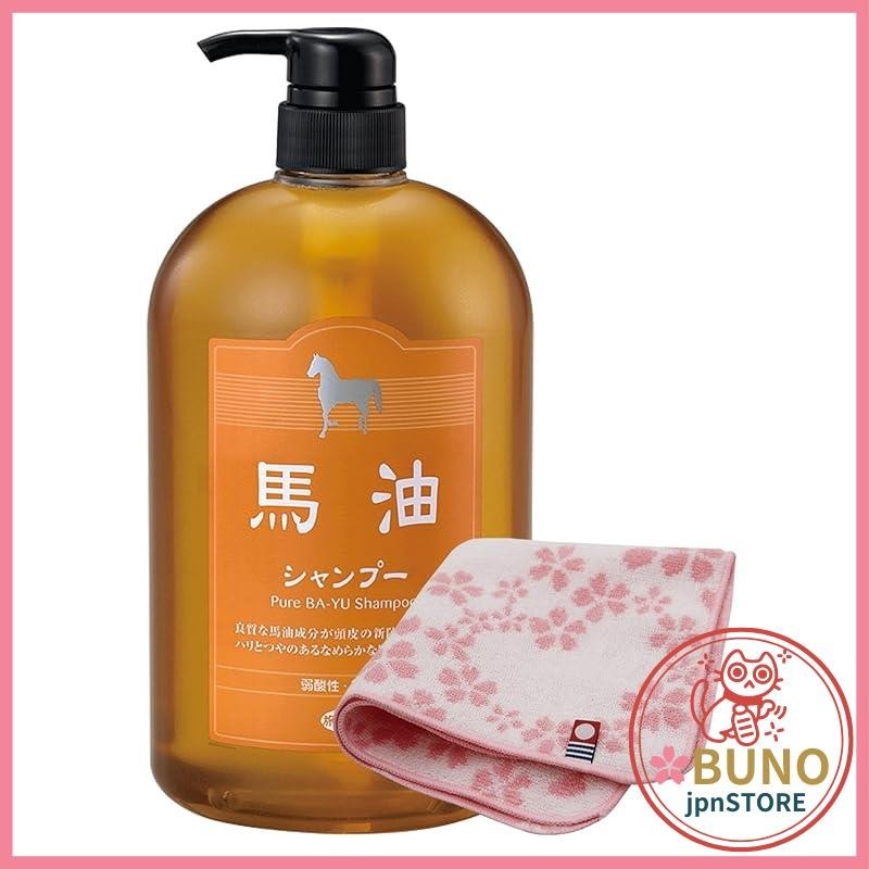 Azuma Shoji Horse Oil Shampoo Tabibito 1000ml bottle, mild acid, colorless, with Imabari towel handkerchief (flower pattern)