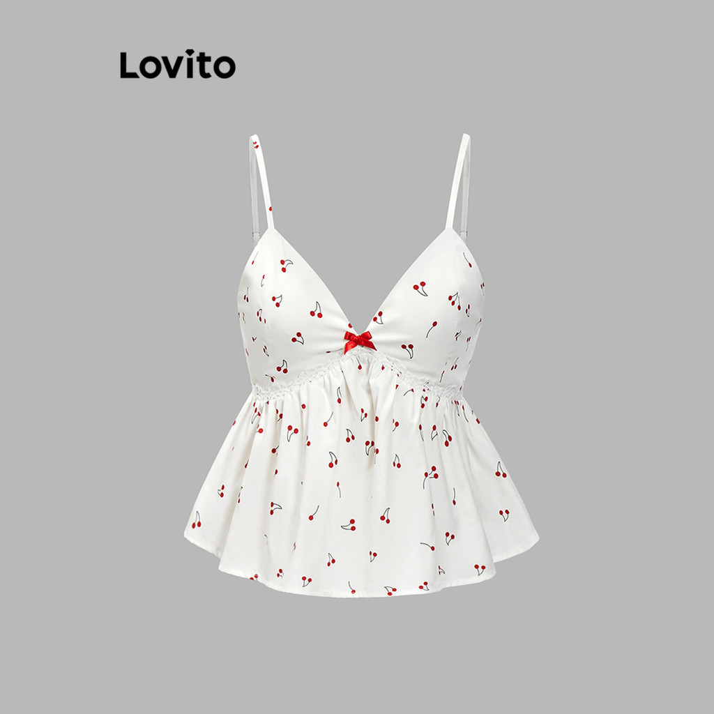 Lovito เสื้อสายเดี่ยวผู้หญิง ชายแต่งระบาย แต่งโบว์ ลายเชอร์รี่ สไตล์น่ารัก L87ED322