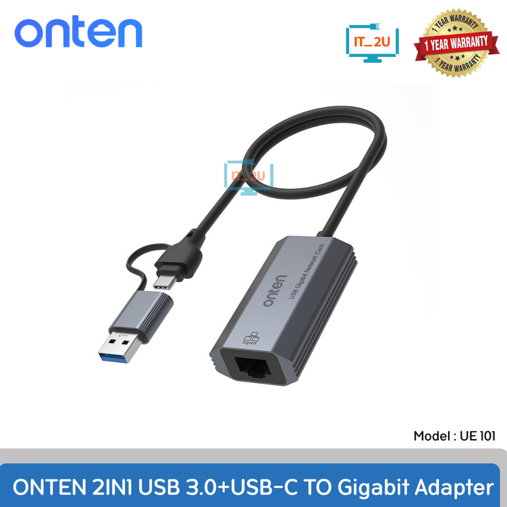 Onten USB3.0+USB-C to Gigabit Adapter UE101 10/100/1000 สายแปลงสัญญาณ USB เป็น Lan