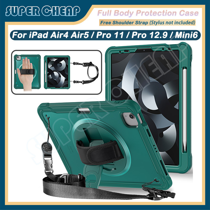 สําหรับ iPad Mini6 iPad Pro 11 Pro 12.9 2018 2020 2021 2022 Air4 Air5 360° สายคล้องมือหมุน ฝาครอบขาตั้ง เคสกันกระแทกสําหรับงานหนัก