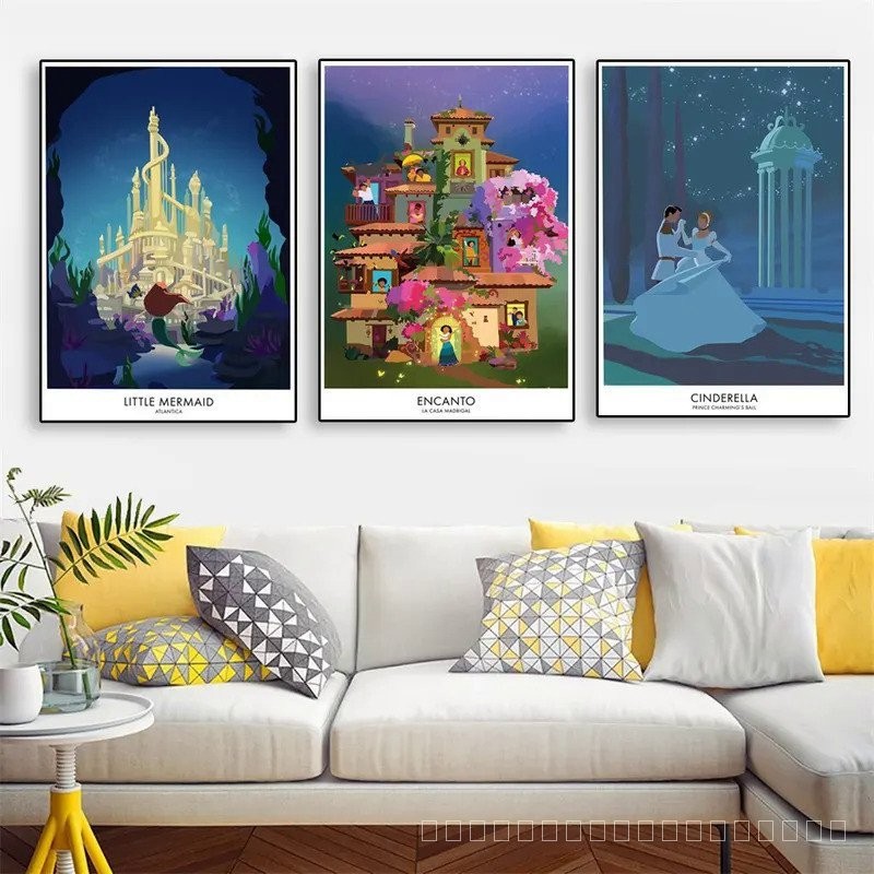 Disneyland Paris โปสเตอร์การ์ตูนปราสาทพิมพ์ผ้าใบภาพวาด Disney Travel Wall Art ภาพ KIds Room ตกแต่งบ้านคริสต์มาสของขวัญ