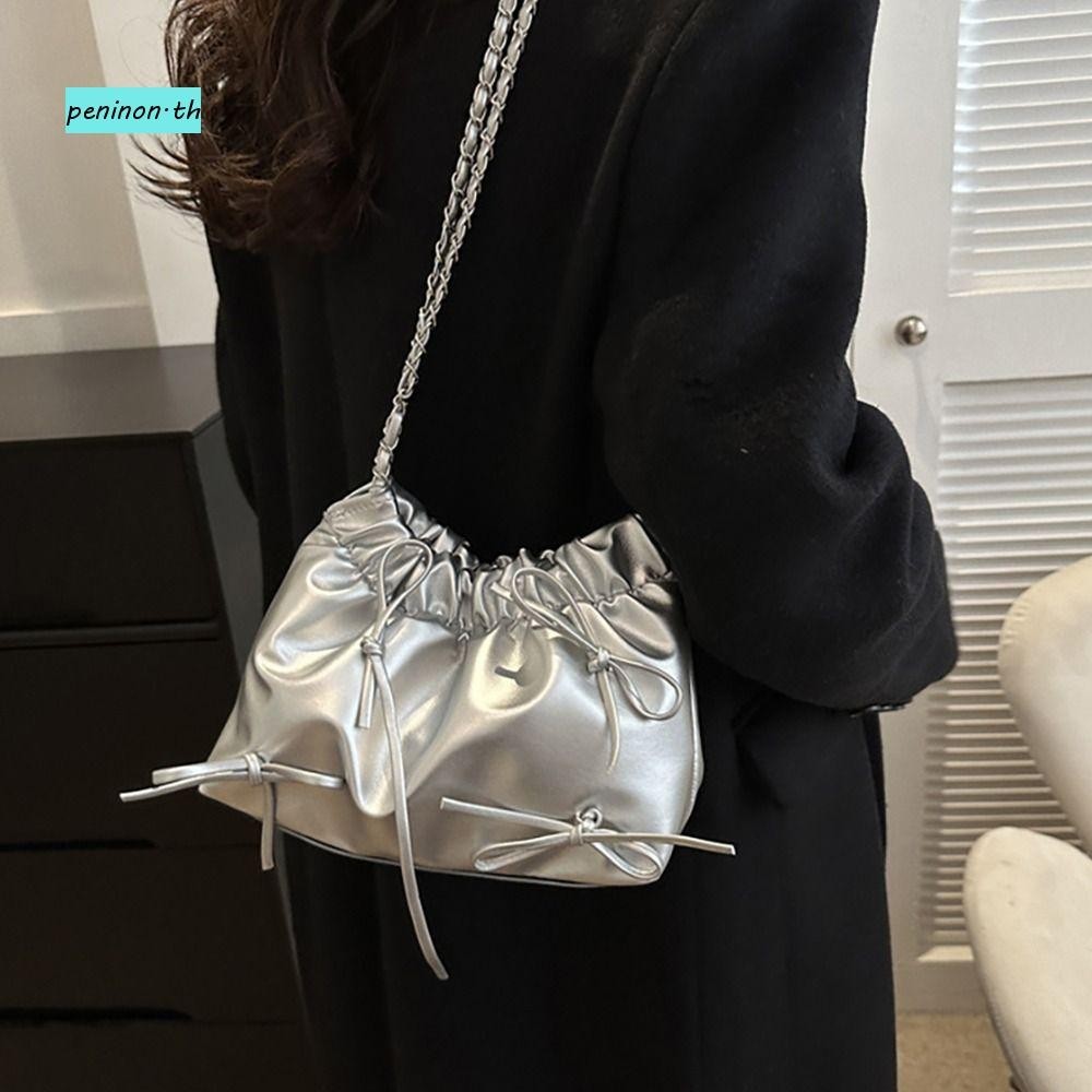 Peninon Plain Pleated Bag, Casual Plain All-match Women 's Shoulder Bag, Fashion PU Leather One-sided Pleated Design Small Bucket Bag Women