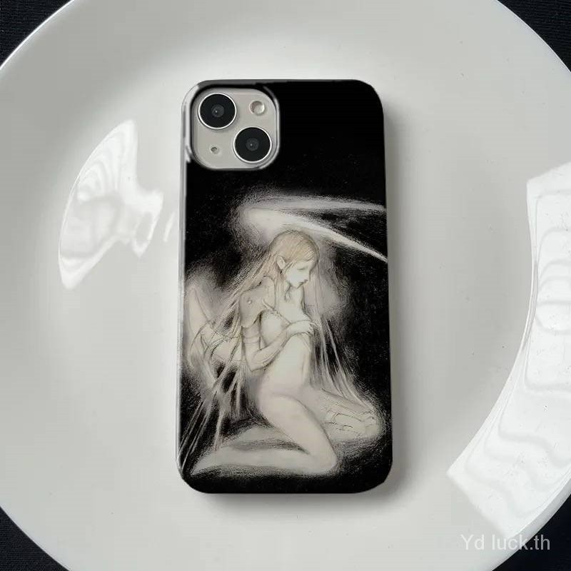 Dark Retro Angel ฟิล์มเคสโทรศัพท์เหมาะสําหรับ iPhone15promax 12pro 14plus X XS XR XSMAX 14 13 12 11 7 8plus ขอบตรงกันกระแทกเคสแข็งเคลือบเงา NJN8