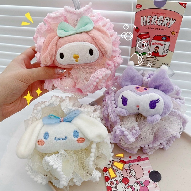 น่ารัก Kuromi My Melody การ์ตูน Sanrio ฟองน้ําอาบน้ําทําความสะอาดสําหรับเด็กเด็ก Skin Care Scrub ฝักบัวเช็ดฟองน้ําฟอง