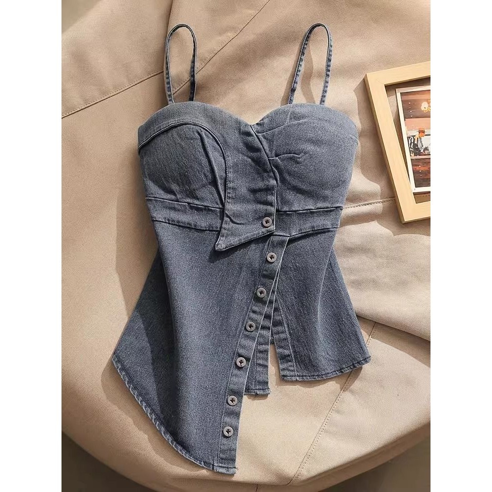 เสื้อเกาะอก สาวร้อนไม่สม่ําเสมอ Denim Camisole ผู้หญิงสวมใส่ด้านนอกสไตล์ฝรั่งเศส Chic เอวแคบ Slimmer ดูการออกแบบ Sense Tube Top 5.13