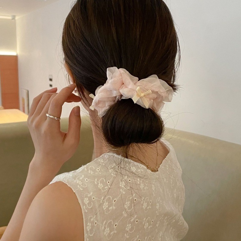 Simple ลายสก๊อตดอกไม้ยืดหยุ่นผมขนาดใหญ่ - Elegant Lace Bow Scrunchies - สาวผมหางม้ายางรัดผ้าโพกศีรษะ