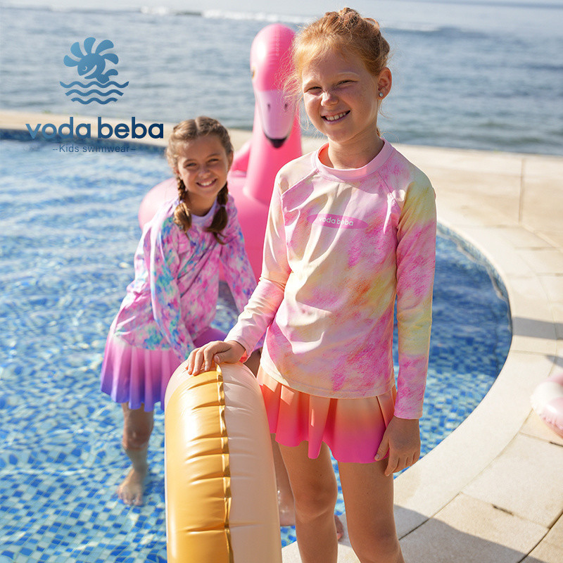 VODA BEBA ชุดว่ายน้ำเด็กผู้หญิงกระโปรงเจ้าหญิงเด็กเล็กเด็กโตชุดว่ายน้ำเด็กแยกชิ้นกันแดดแขนยาวฤดูร้อนสีสันสดใส