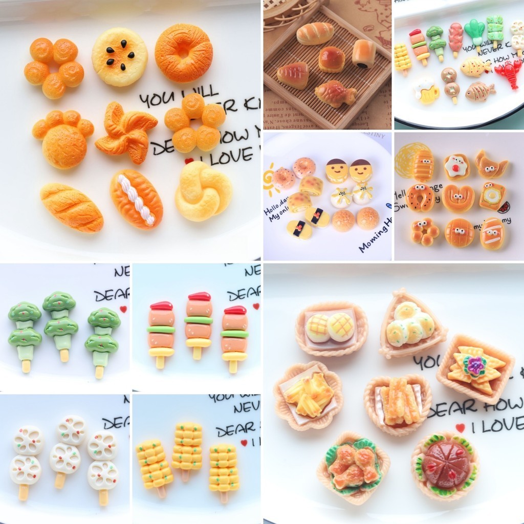 10pcs จําลองขนมปังบาร ์ บีคิว Skewers เรซิ ่ น Flatbacks DIY เครื ่ องประดับอุปกรณ ์ เสริม Creative ครีมเจลผมคลิปผม Loop วัสดุ
