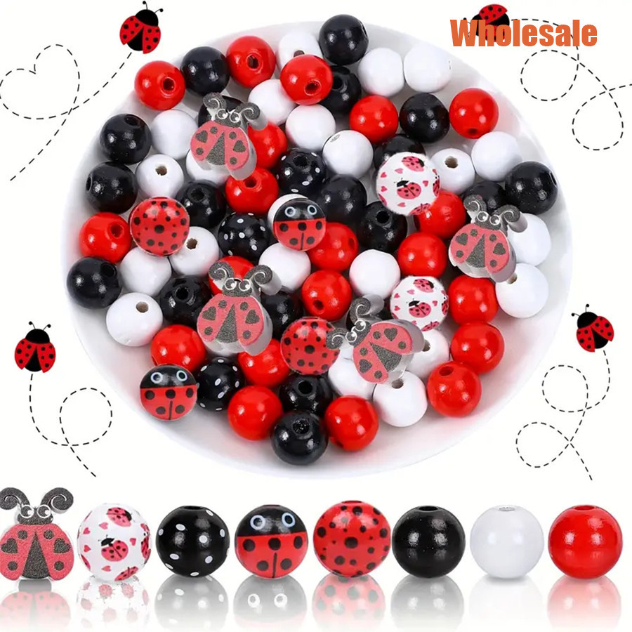 2pcs 20mm/16mm ลูกปัดไม ้ รอบ Ladybug รูปลูกปัดหลุมสําหรับเครื ่ องประดับทํา DIY Home Party Decors