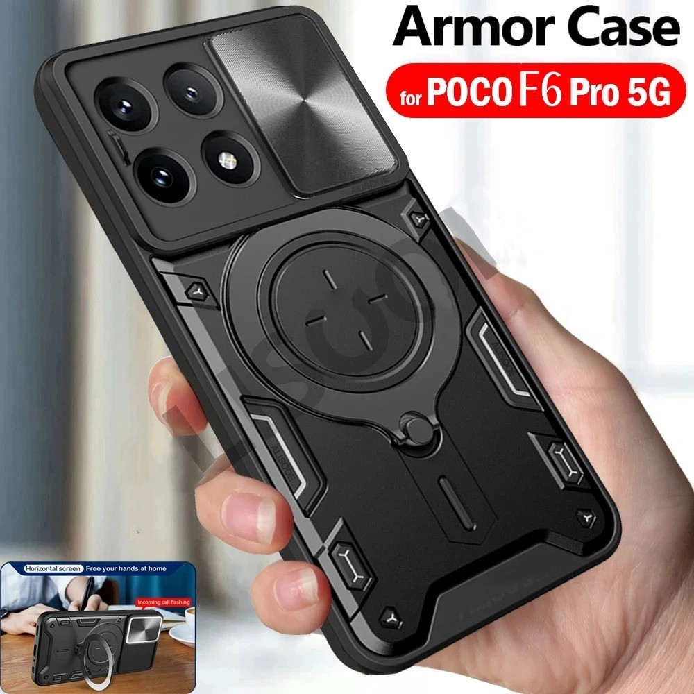 สําหรับ Xiaomi Poco F6 Pro F6Pro 5G Push สไลด์กล้องเลนส์ป้องกัน Hard Case ผู้ถือแหวนแม่เหล็กวงเล็บกันกระแทกเกราะปลอกปกหลังสําหรับ PocoF6 PocoF6Pro