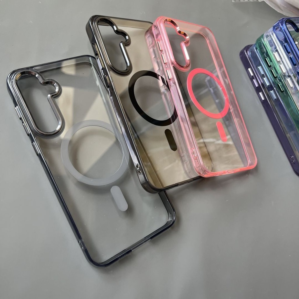 SAMSUNG สีเหลืองทนอะคริลิคเคสโทรศัพท์สําหรับsamsung Galaxy S24 Ultra A16 A55 A35 S22 S23 Plus Ultra FE A16 A56 A36 กันกระแทกโปร่งใสสีม่วงThickend Magentic Hard Glossy