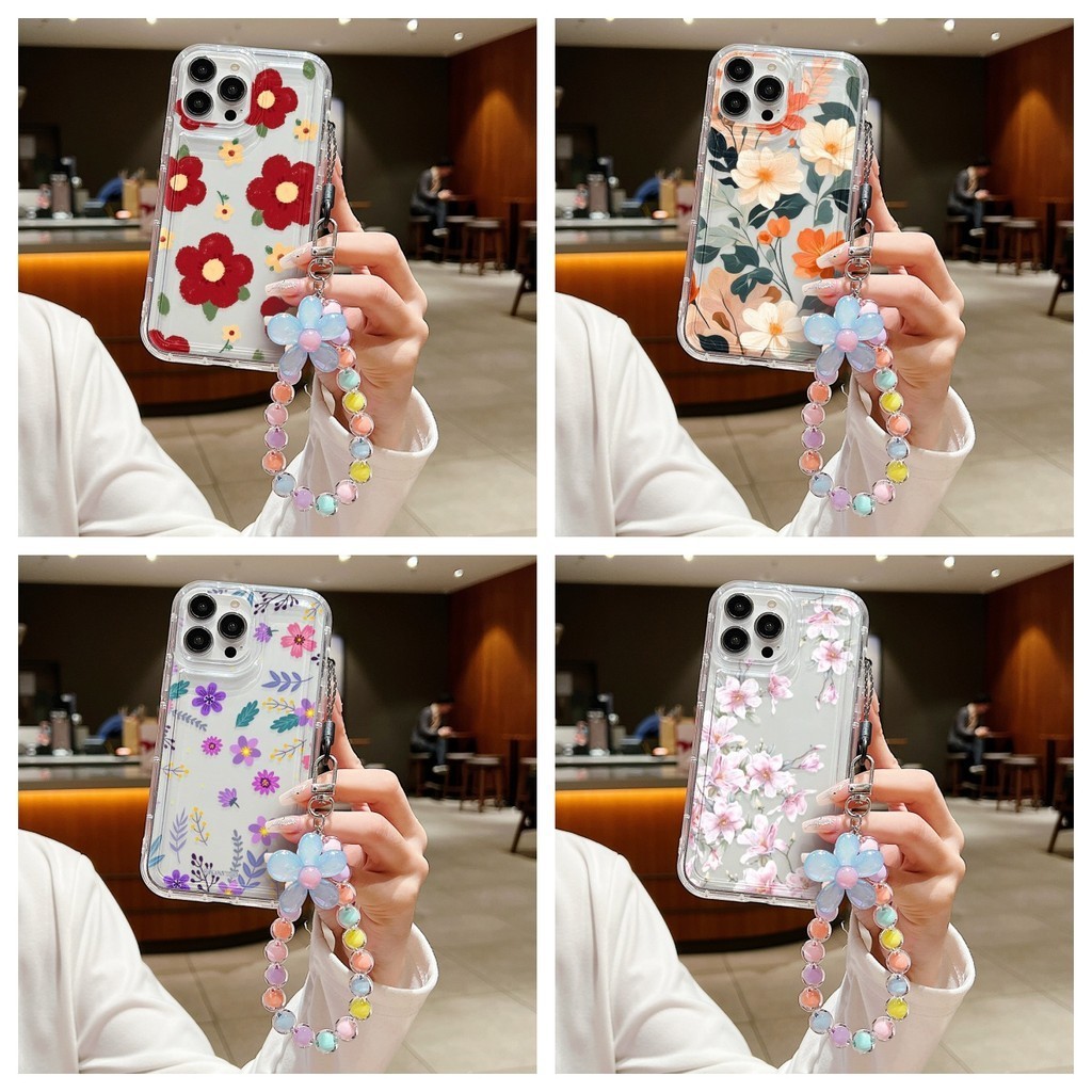 ลายดอกไม้ ซิลิโคนใส พร้อมสายโซ่คล้อง สําหรับ For iPhone 15 เคสไอโฟน 14 13 12 11 Pro Max X Xr Xs Max 6 7 8 Plus SE 2020