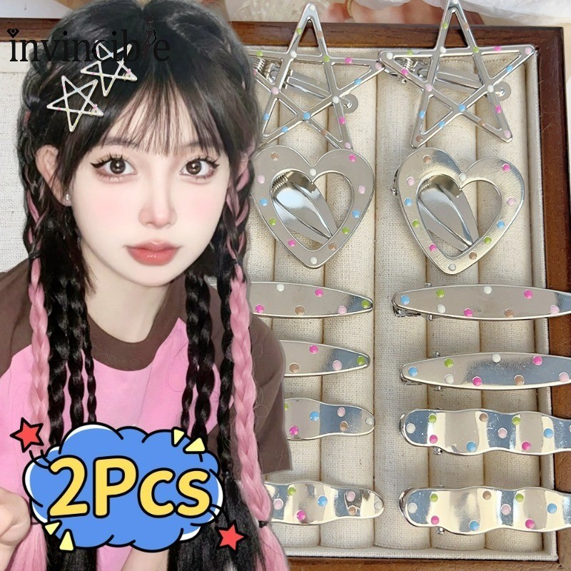 Sweet Cool Side Bangs Star Hairpin - คลิป BB โลหะจุดสีสันสดใสเกาหลี - Y2K Girls Silver Barrette Party Headdress