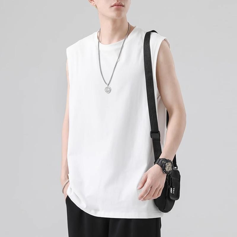 Y-T เสื้อแขนกุด ผ้าฝ้าย 100% เสื้อกั๊กผู้ชาย ไม่หดตัว ระบายอากาศได้ดี สวมใส่สบาย สีดำขาว S-4XL