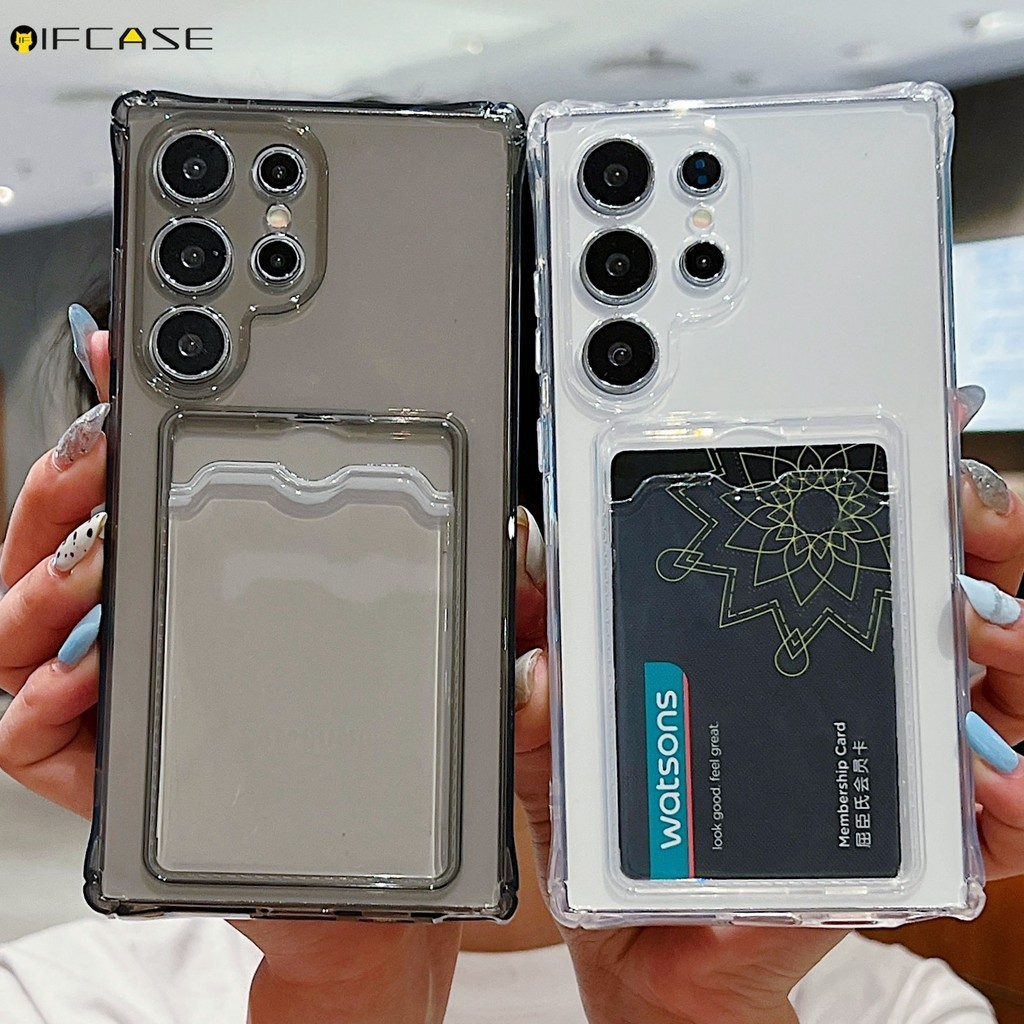 SAMSUNG ผู้ถือบัตรสําหรับsamsung Galaxy S24 S23 Plus Ultra FE S24 + S23 + เคสโทรศัพท์กระเป๋าสตางค์แพคเกจบัตรคลิปใส่ภาพการ์ดสีฟ้าสีชมพูสีดําใสปลอกอ่อนกรณีปก