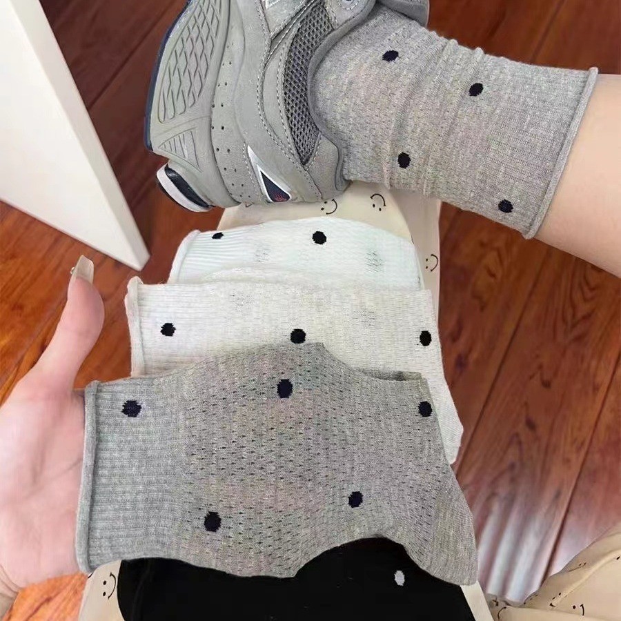 Wave Dot ถุงเท้าเด็กกลางกระบอก ins ฤดูร้อนฤดูร้อนบางผ้าฝ้ายนักเรียนญี่ปุ่นตาข่ายระบายอากาศ Hemming