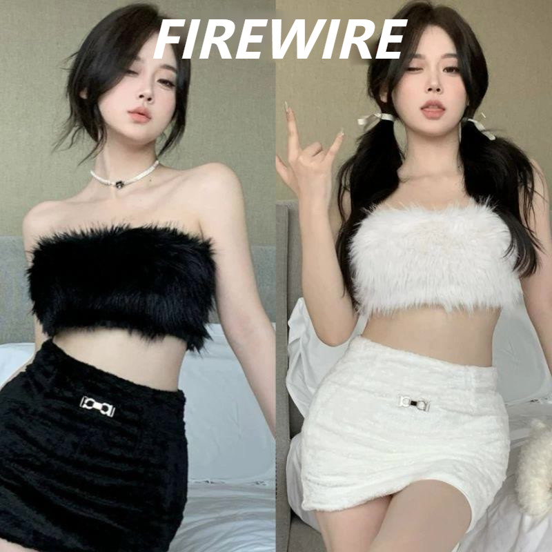 Firewire พร้อมส่ง ขนมิงค์เกาหลี เสื้อเชิ้ตเปิดไหล่สตรีเซ็กซี่สีขาวดำ(M2128) -C