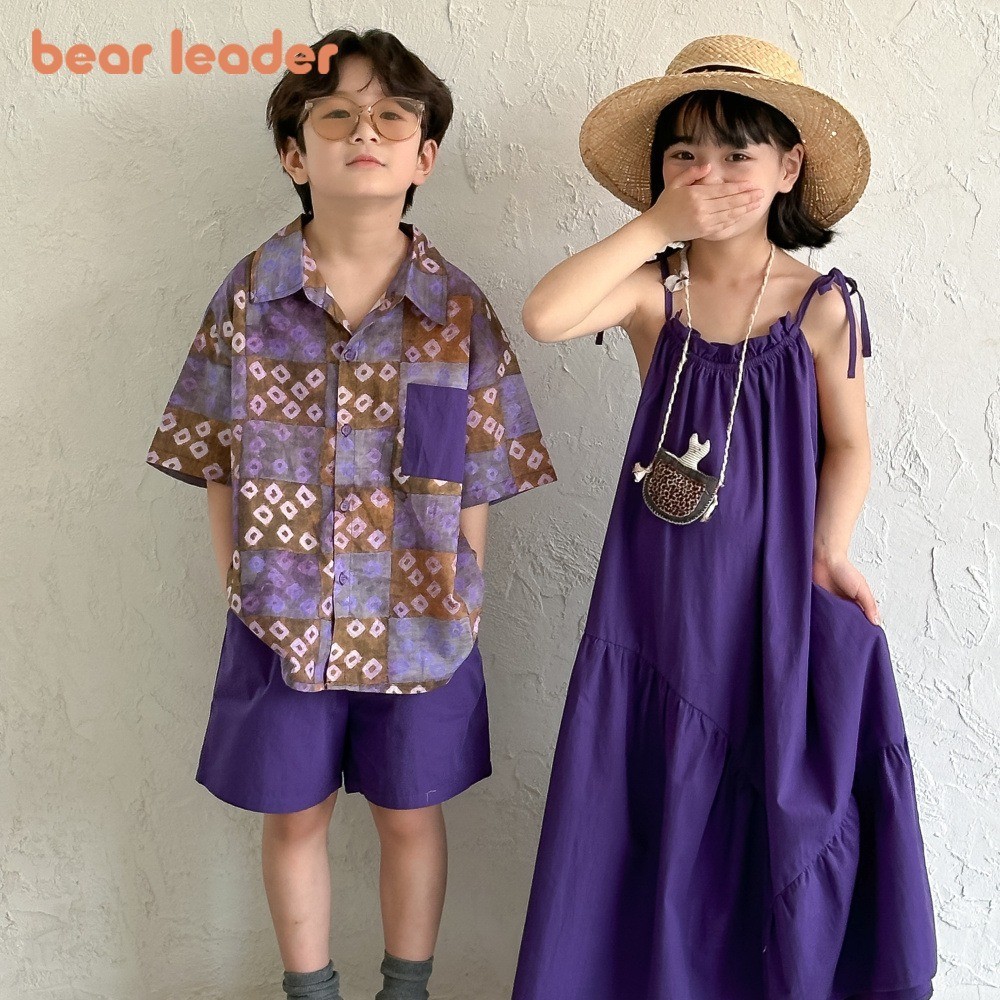 หมีผู้นําฤดูร้อนเด็กชายและเด็กหญิงชุดเกาหลีรุ่นสีม่วงแขวนชุดเด็กแขนสั้นเสื้อดอกไม้กางเกงขาสั้นตาหมากรุกชุดเด็ก
