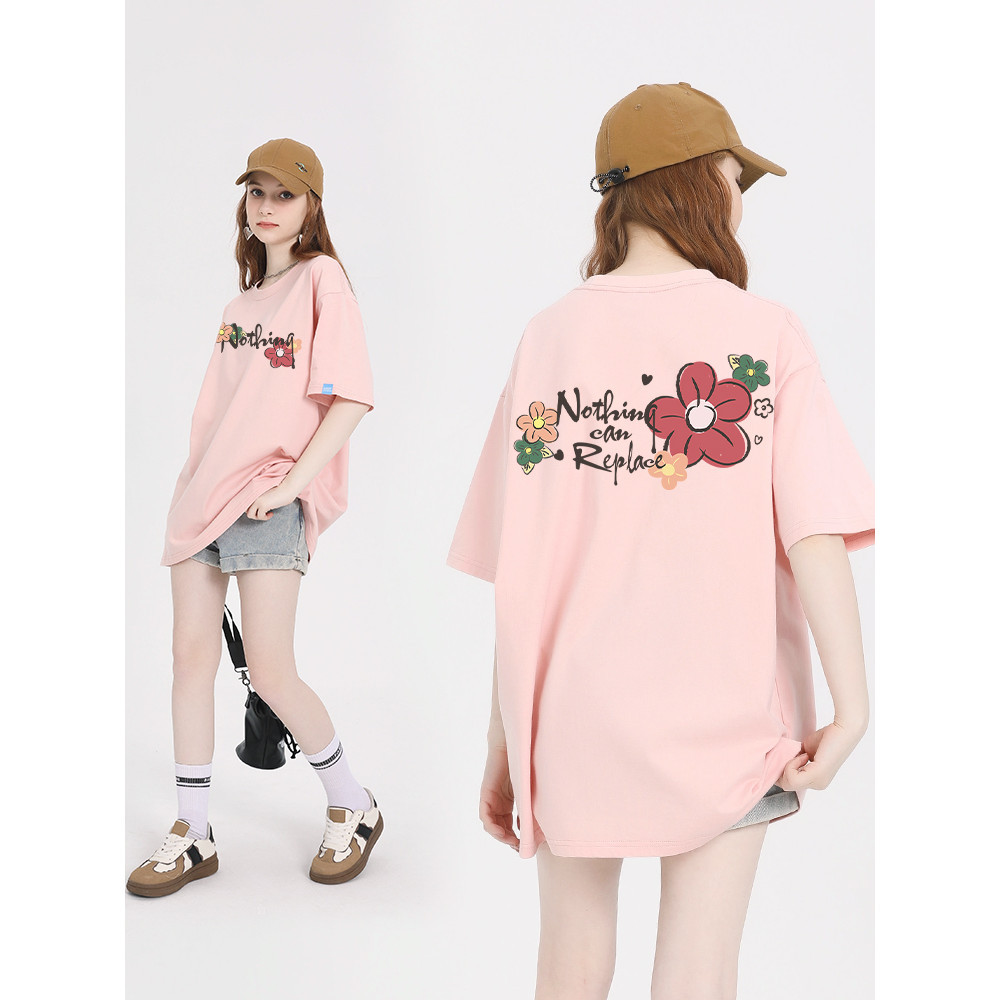 COD (กรุงเทพจัดส่งสินค้า)BOOM Shop เสื้อยืดลายดอกไม้ผู้หญิงแขนสั้นสีชมพูหลวม ๆ ผ้าฝ้ายด้านบน เสื้อยืด oversize