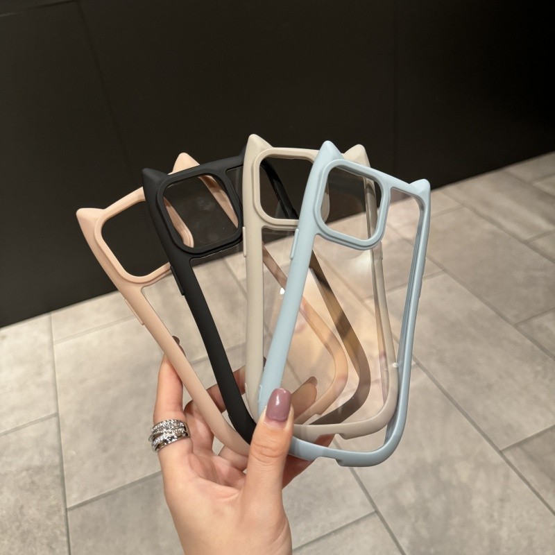 3d หูแมวโปร่งใสพนักพิงอะคริลิคเคสแข็งสําหรับ iPhone 11 11Promax 12 13 14 15 Pro Max PlusปลอกสําหรับiPhone11 กรณี
