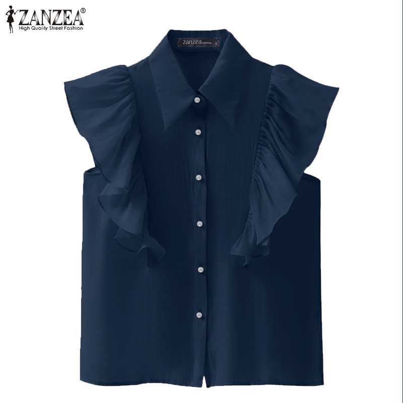 Zanzea ผู ้ หญิงแฟชั ่ นเกาหลีปกแขนกุด Ruffle Plaket ปุ ่ มเสื ้ อ