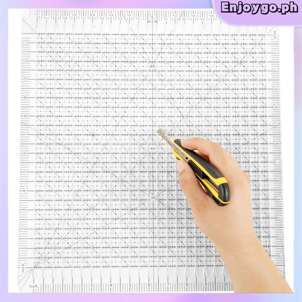 ไม้บรรทัดควิลท์ 12 x 12 นิ้วอะคริลิคใสผ้านวมแม่แบบอ่านง่ายสแควร์ผ้าตัดไม้บรรทัดลื่น Self-Adhesive ซิ