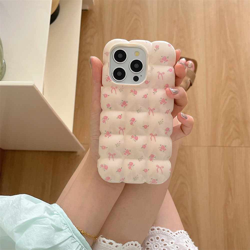 หรูหรา 3D สแควร ์ ลายลายสก ๊ อตเกาหลีดอกไม ้ สีชมพูสําหรับiPhone 15 13 12 11 14 Pro Max 13promax Glossyฝาครอบกันชน