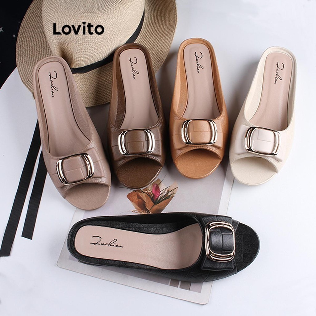 Lovito รองเท้าแตะผู้หญิง แต่งบักเกิลโลหะ กันลื่น สวมใส่สบาย สีพื้น สไตล์ลำลอง LFA34555