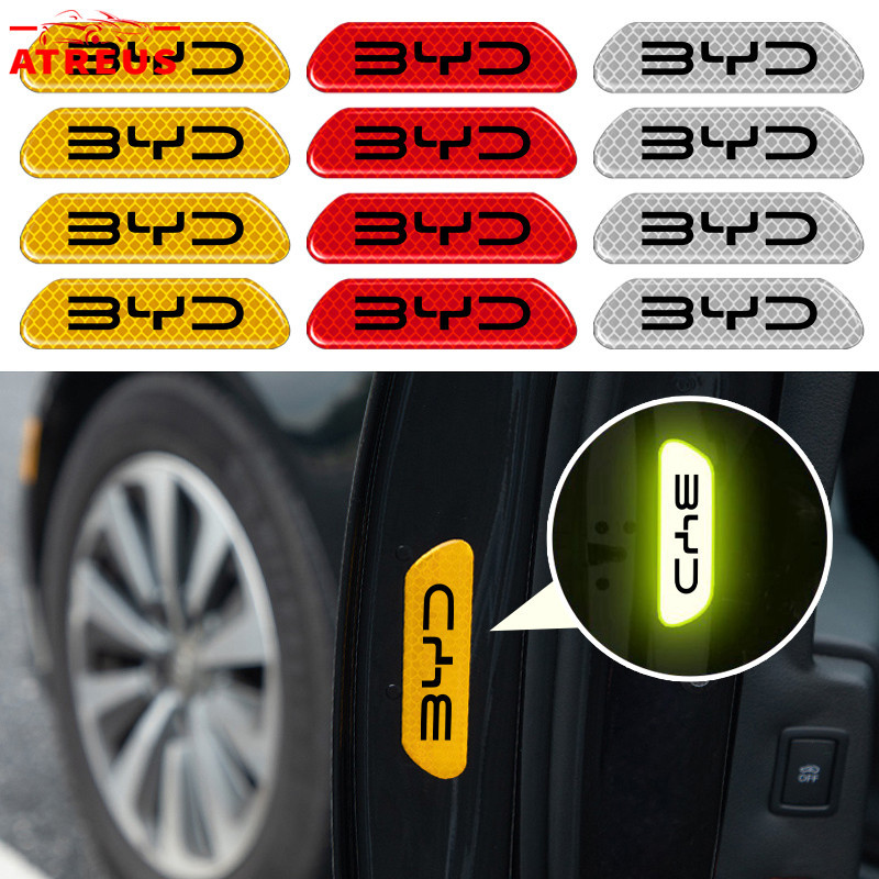 4 ชิ้น BYD รถสติกเกอร์สะท้อนแสงรถสติกเกอร์ประตูความปลอดภัยคําเตือน Mark Anti Scratch สติกเกอร์ป้องกันสําหรับ BYD Atto 3 หยวน Plus เพลง Plus Dolphin Mini Seal U Han EV