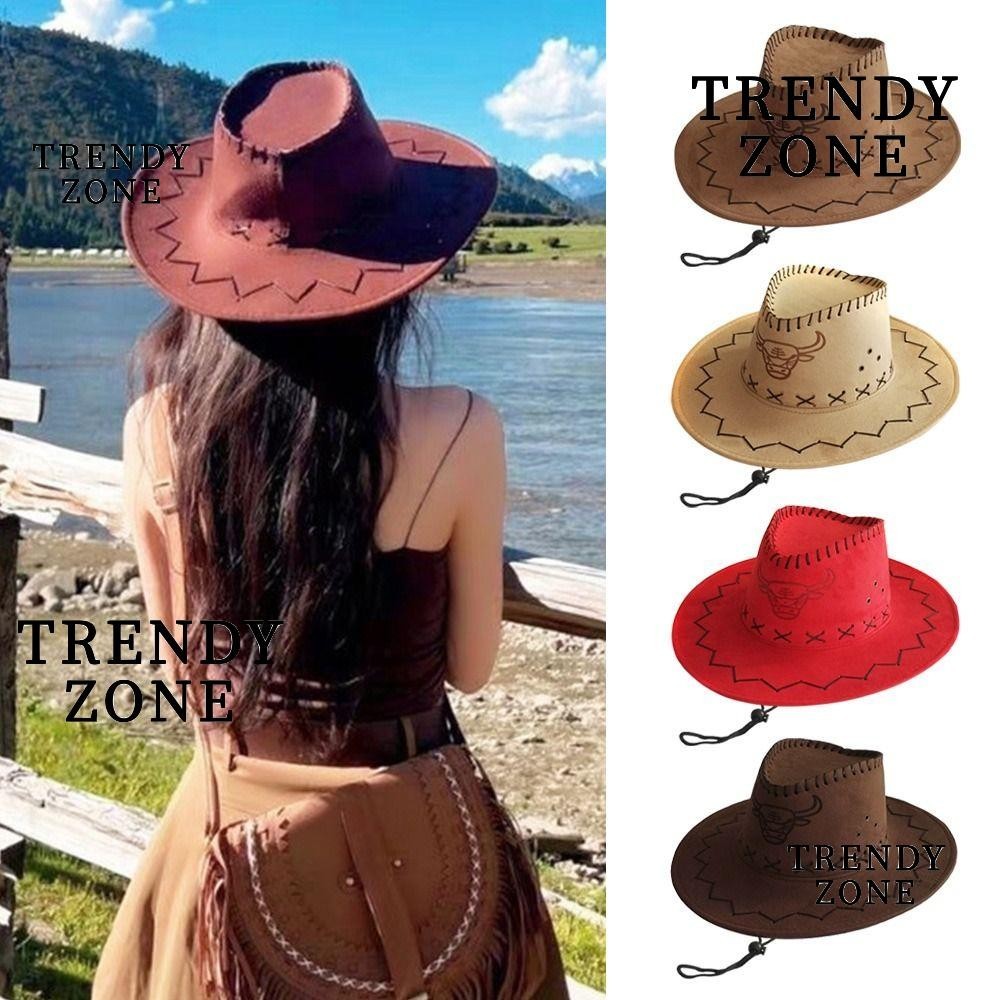 Trendyzone หมวก Fedora สักหลาด, หมวกคาวบอยสไตล์ตะวันตกปีกกว้าง, เครื่องประดับชุดแฟนซีหนังนิ่มแฟชั่น