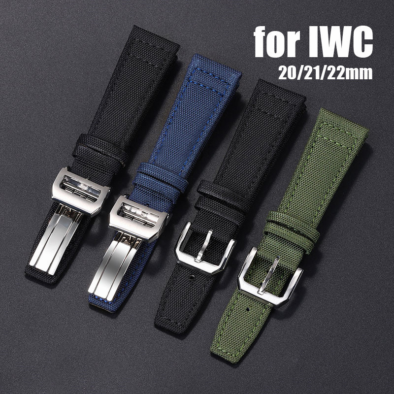 สายนาฬิกาไนลอนสําหรับ IWC PILOT ผ้านาฬิกา 20 มม.21 มม.22 มม.สร้อยข้อมือหนัง Cowhide หัวเข็มขัดพับเข็มขัดข้อมือ