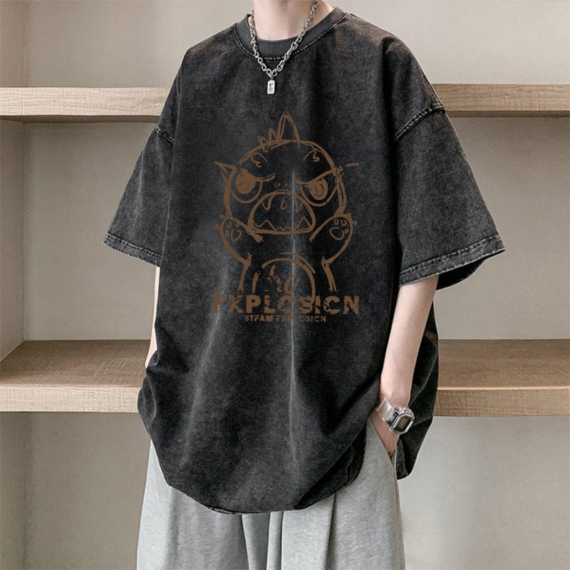 （จัดส่งตลอด 24 ชั่วโมง）HY เสื้อยืดฟอก oversize ผ้าฝ้าย100% โอเวอร์ไซซ์ สีดําเข้ม เรโทร เสื้อฟอกวินเทจ#T1686