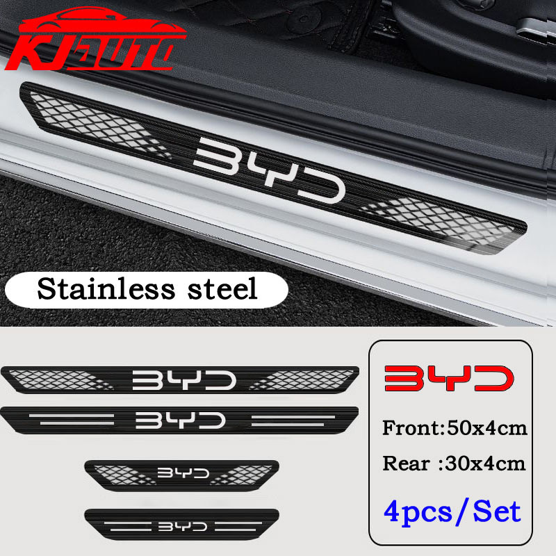 4pcs BYD รถสแตนเลสเกณฑ์แถบโลหะยินดีต้อนรับเหยียบตกแต่ง Auto จัดแต่งทรงผมสติกเกอร์สําหรับ BYD Atto 3 Dolphin E6 Tang Seal อุปกรณ์เสริม