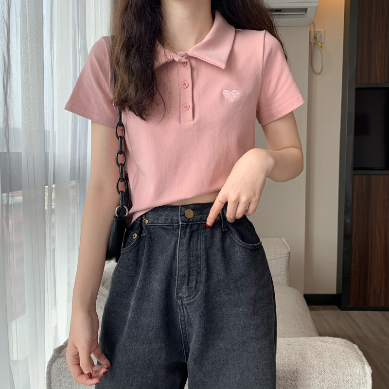 พร้อมส่ง เสื้อครอปแขนสั้น ผ้าฝ้าย คอปกโปโล ปุ่มกด สไตล์เกาหลี สําหรับผู้หญิง