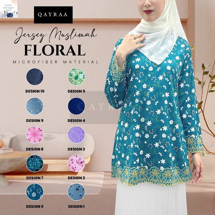 QAYRAA Jersey Muslimah FLORAL / Blouse Hitam Red Green - (Size: S - 7XL)