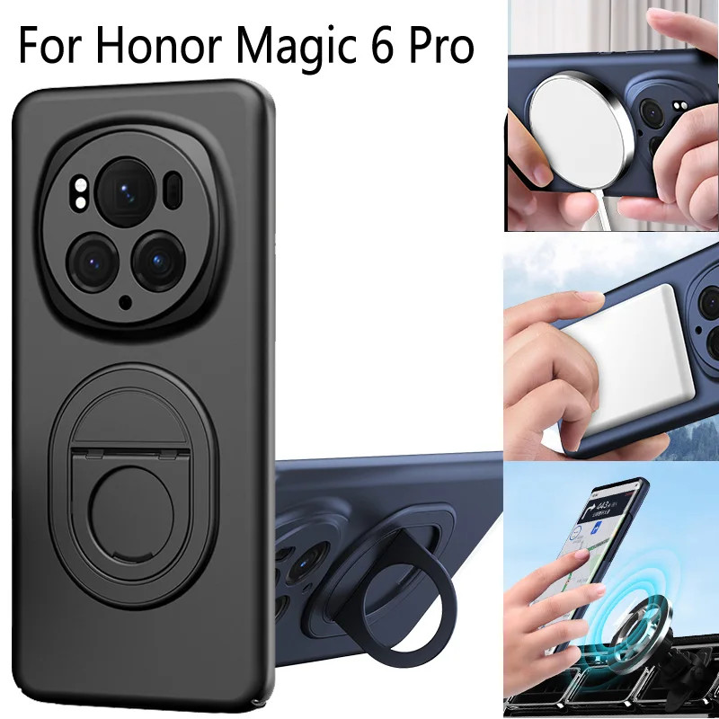 Honor Magic 6 Pro 5G กรณีหรูหราแม่เหล็ก Charger ป้องกันเกราะขาตั้งแหวนฝาครอบสําหรับ Huawei Honor Mag